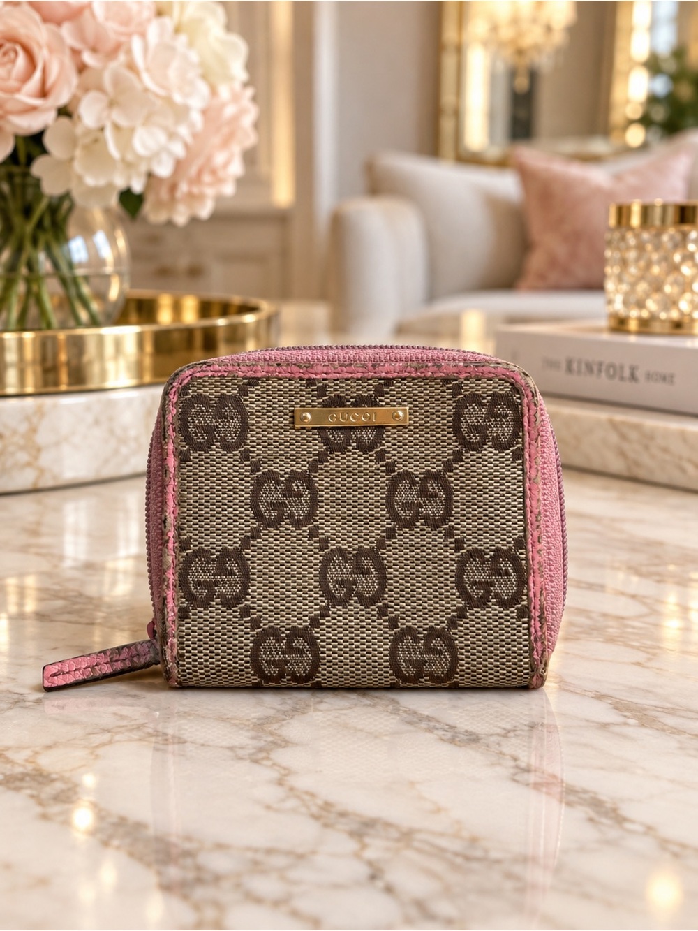 Gucci GG Canvas Pink Leather Zip Coin Purse Wallet 112665